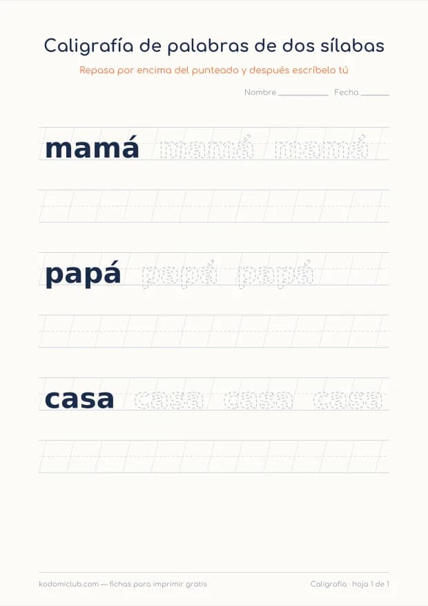 Caligrafía de palabras de dos sílabas, hoja 1
