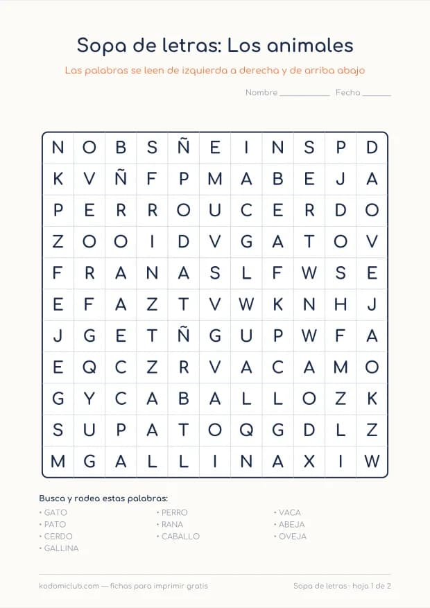 Sopa de letras de animales, hoja 1