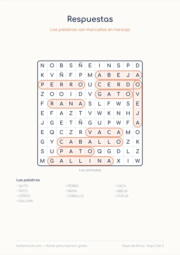 Sopa de letras de animales, hoja 2