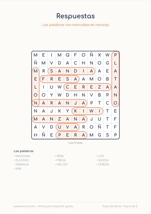 Sopa de letras de frutas, hoja 2