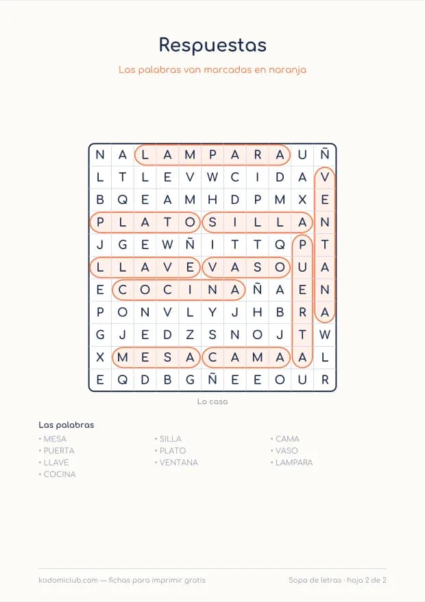 Sopa de letras de la casa, hoja 2