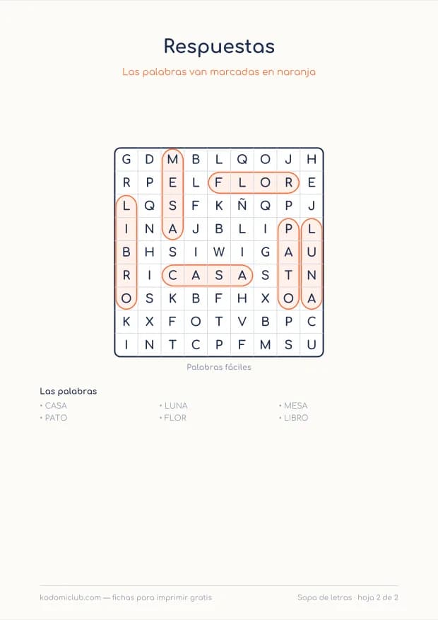 Sopa de letras fácil para empezar, hoja 2