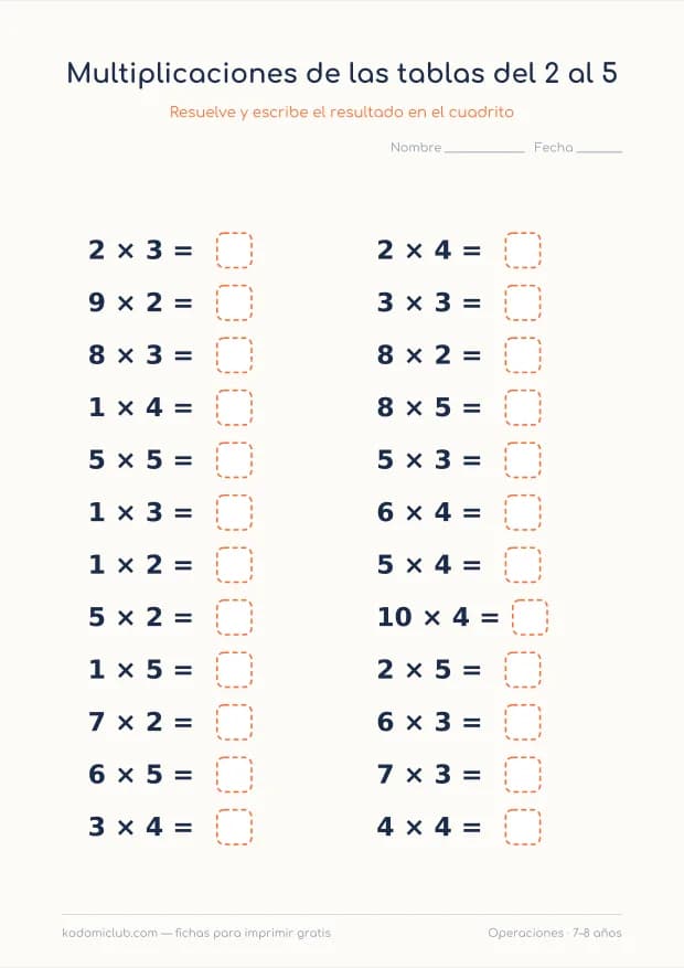 Multiplicaciones de las tablas del 2 al 5, hoja 1