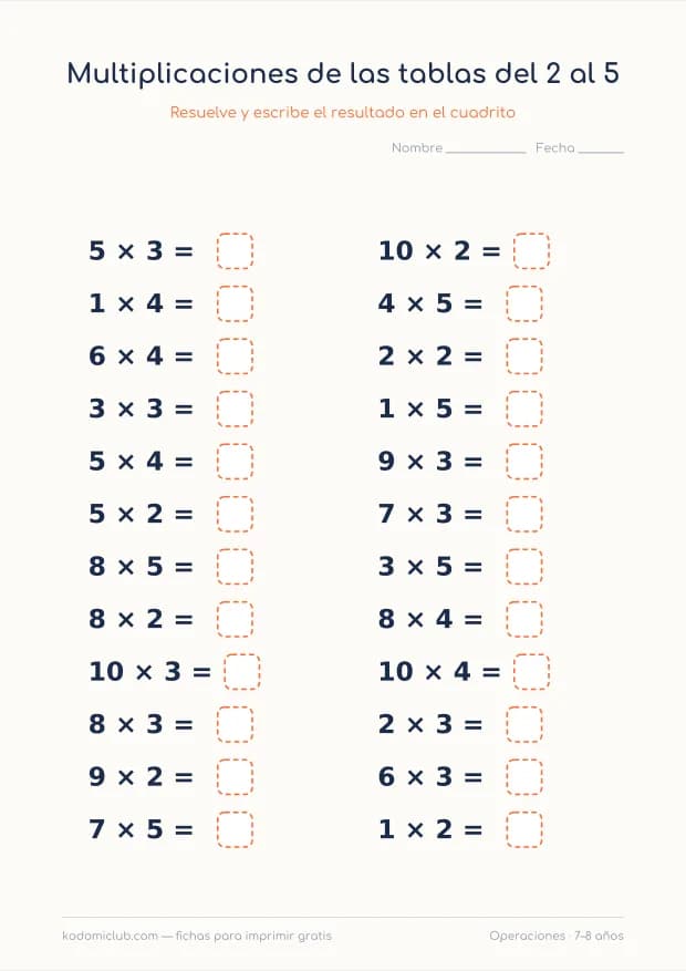 Multiplicaciones de las tablas del 2 al 5, hoja 2
