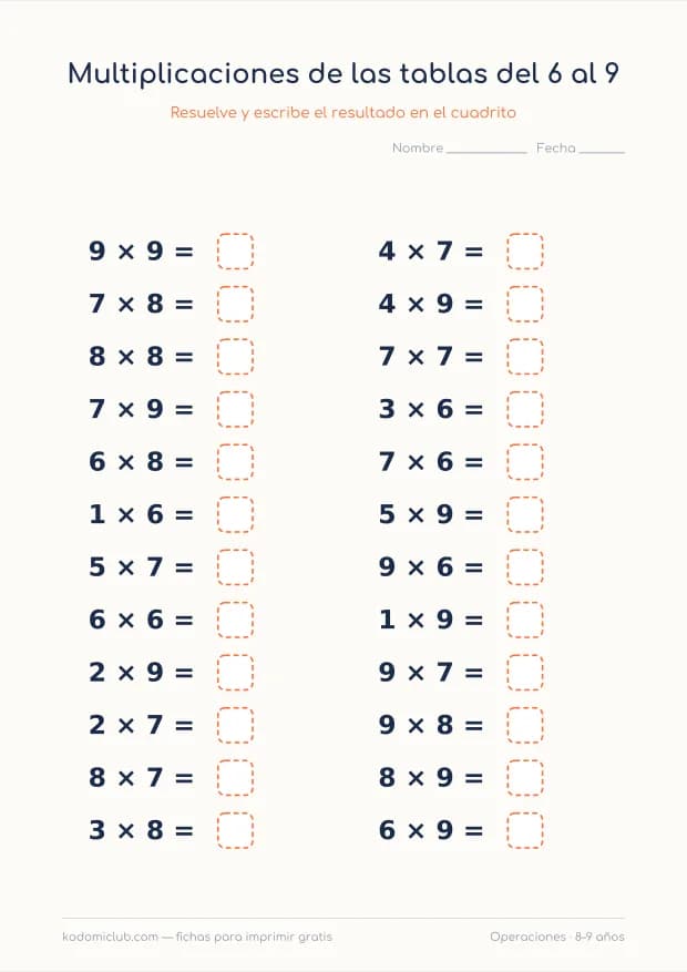 Multiplicaciones de las tablas del 6 al 9, hoja 1