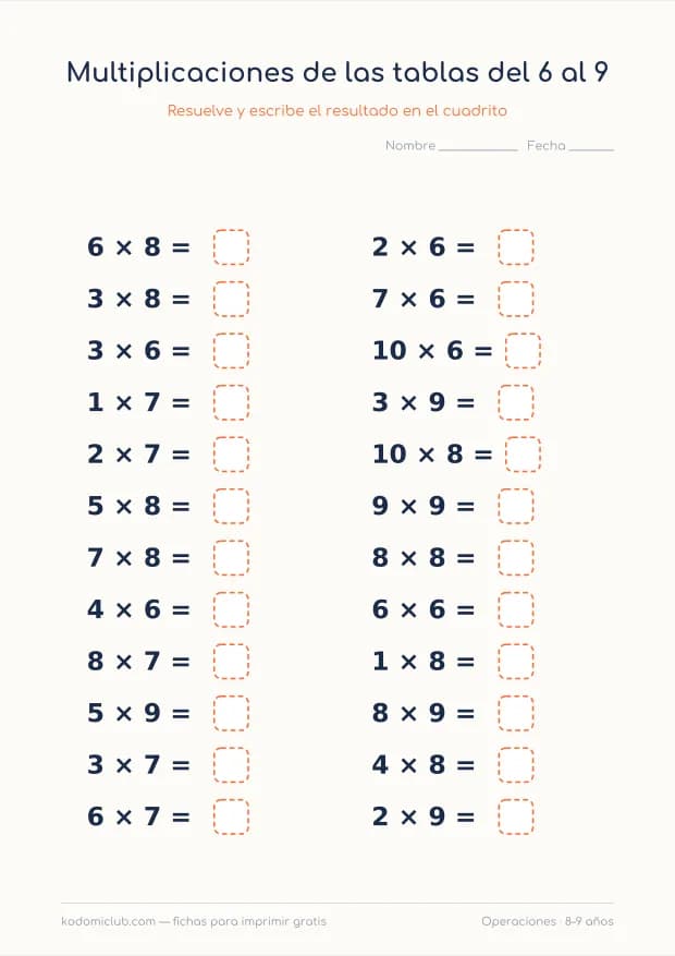 Multiplicaciones de las tablas del 6 al 9, hoja 2