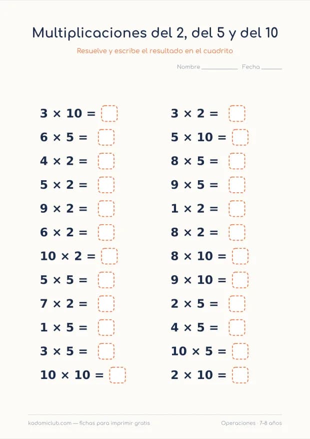 Multiplicaciones del 2, del 5 y del 10, hoja 1