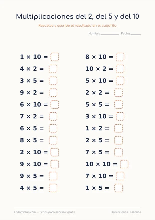 Multiplicaciones del 2, del 5 y del 10, hoja 2