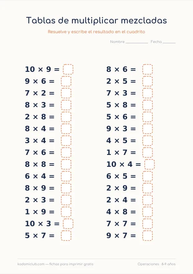 Tablas de multiplicar mezcladas, hoja 1