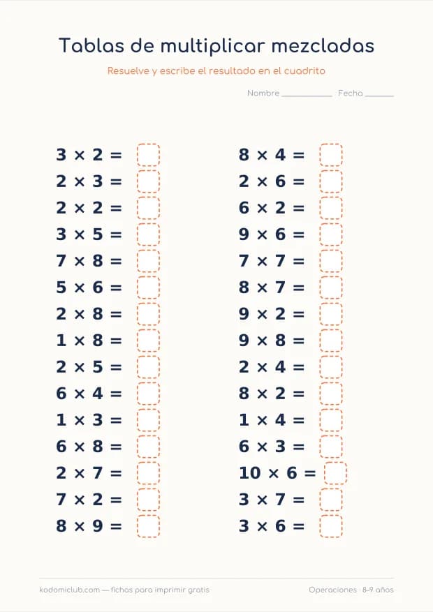 Tablas de multiplicar mezcladas, hoja 2