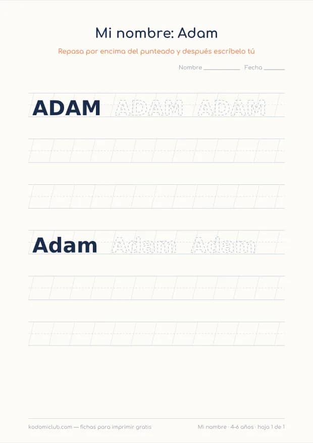 Ficha del nombre Adam, hoja 1