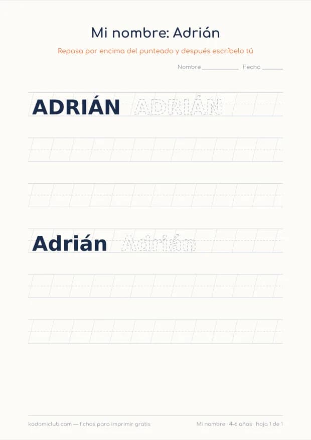 Ficha del nombre Adrián, hoja 1