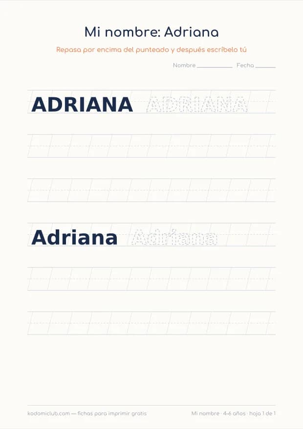 Ficha del nombre Adriana, hoja 1