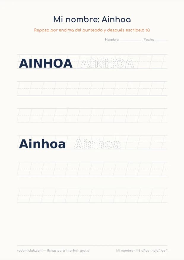 Ficha del nombre Ainhoa, hoja 1
