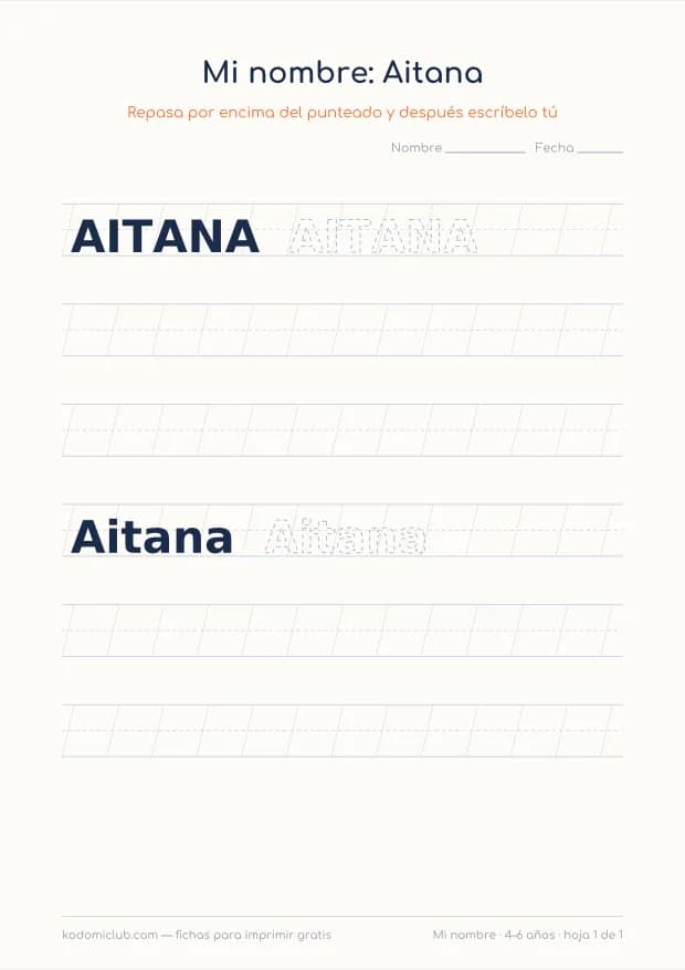 Ficha del nombre Aitana, hoja 1