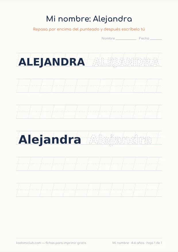 Ficha del nombre Alejandra, hoja 1