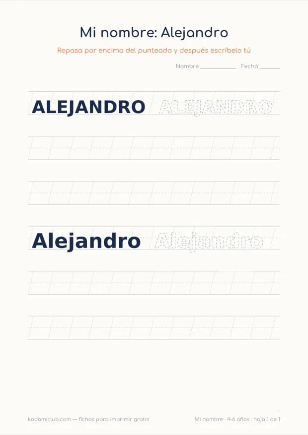 Ficha del nombre Alejandro, hoja 1