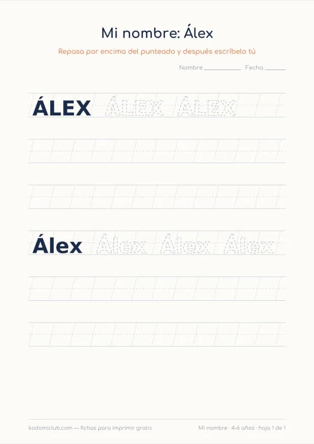 Ficha del nombre Álex, hoja 1
