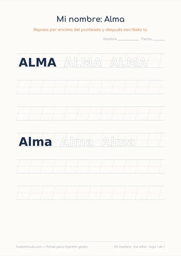 Ficha del nombre Alma, hoja 1