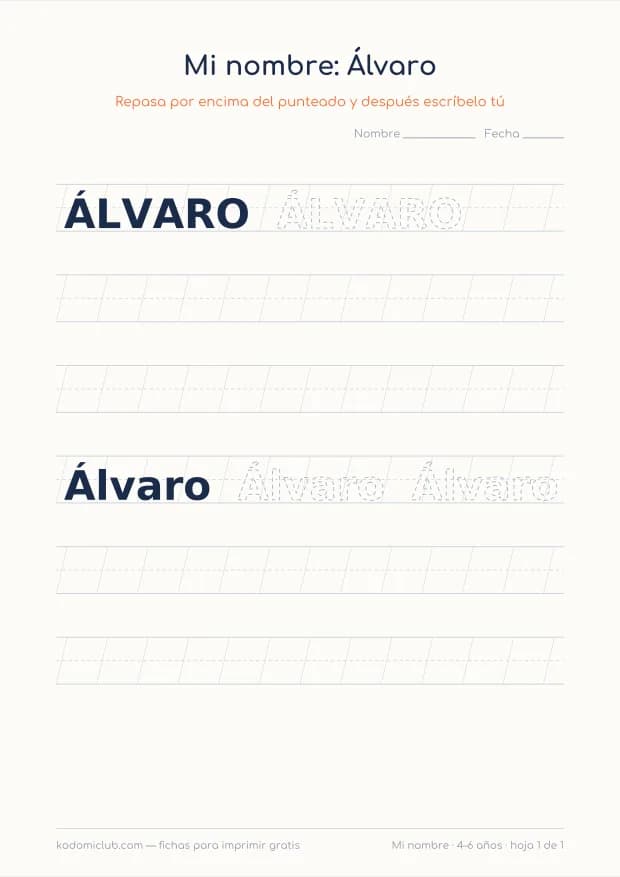 Ficha del nombre Álvaro, hoja 1