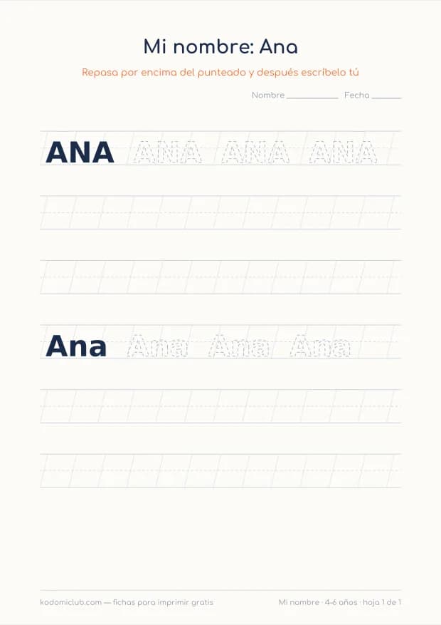 Ficha del nombre Ana, hoja 1