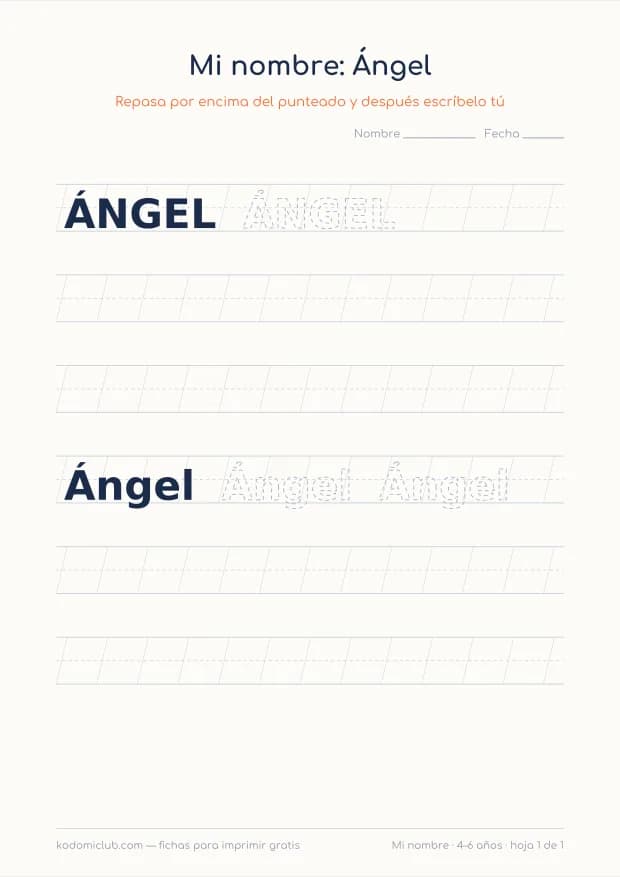 Ficha del nombre Ángel, hoja 1