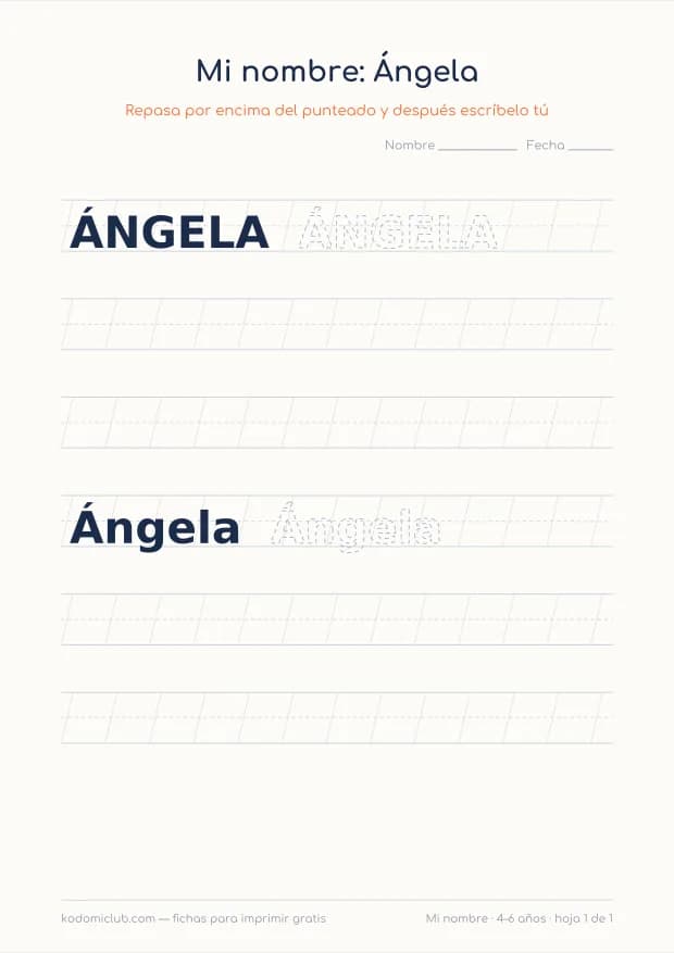 Ficha del nombre Ángela, hoja 1