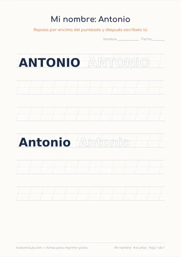 Ficha del nombre Antonio, hoja 1