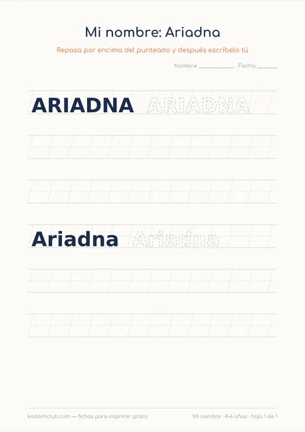 Ficha del nombre Ariadna, hoja 1