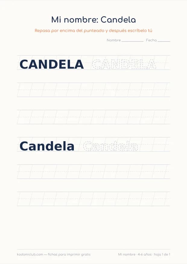 Ficha del nombre Candela, hoja 1