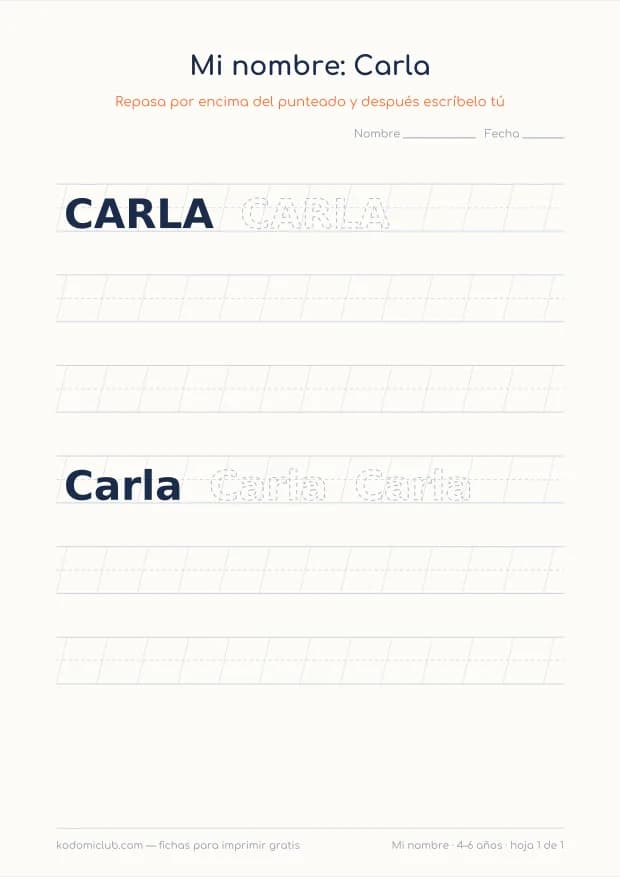 Ficha del nombre Carla, hoja 1