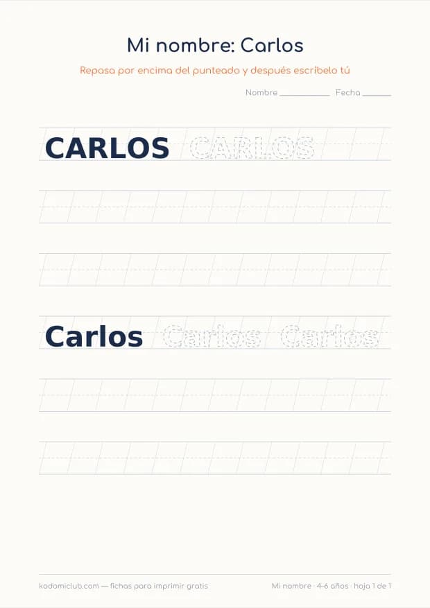 Ficha del nombre Carlos, hoja 1