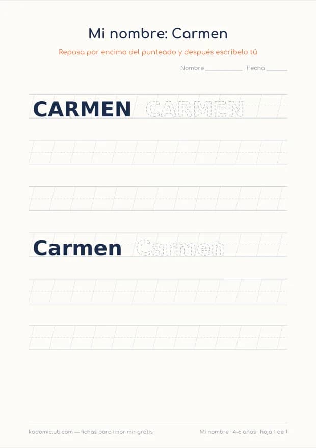 Ficha del nombre Carmen, hoja 1