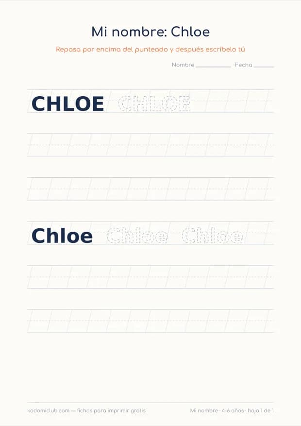 Ficha del nombre Chloe, hoja 1