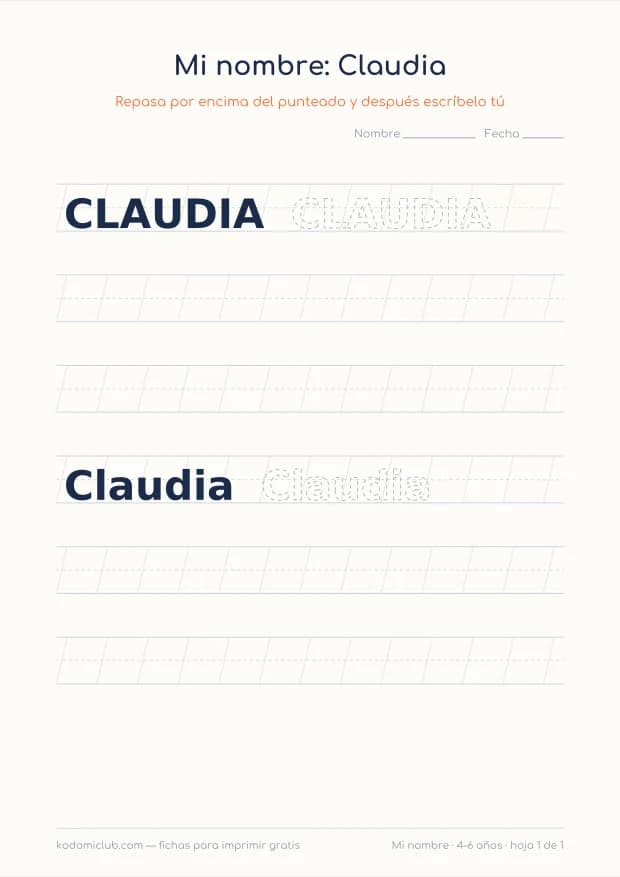 Ficha del nombre Claudia, hoja 1