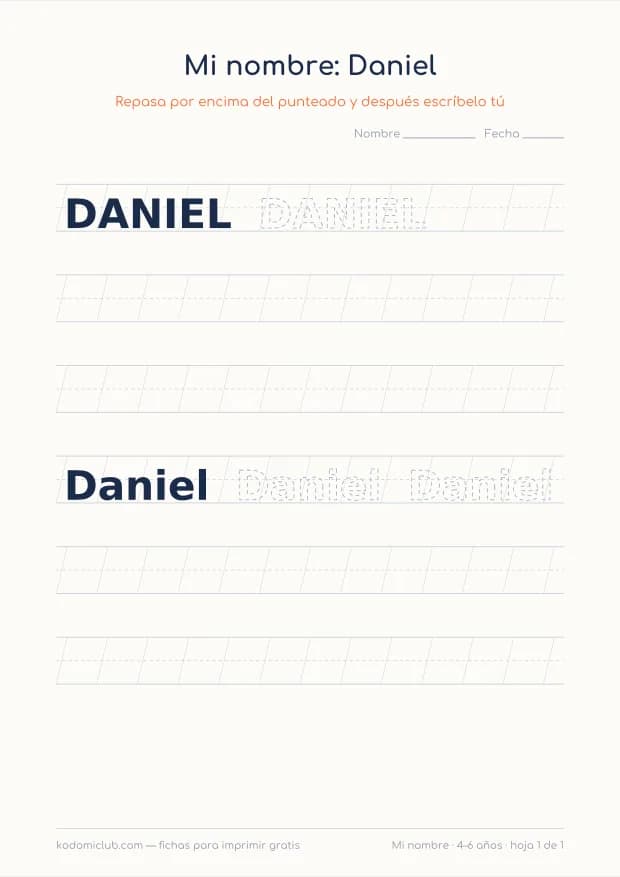 Ficha del nombre Daniel, hoja 1