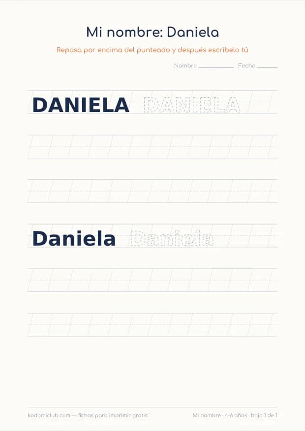 Ficha del nombre Daniela, hoja 1