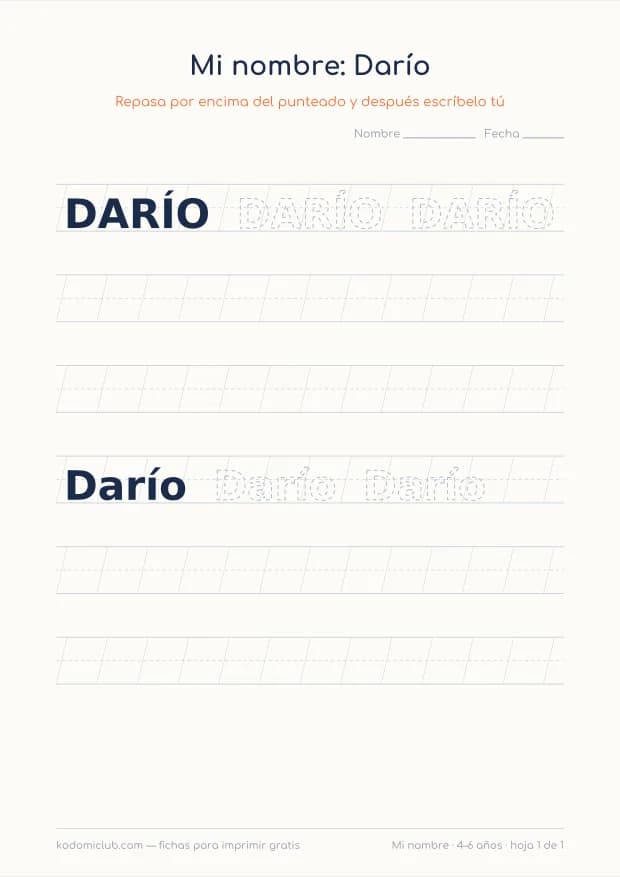 Ficha del nombre Darío, hoja 1