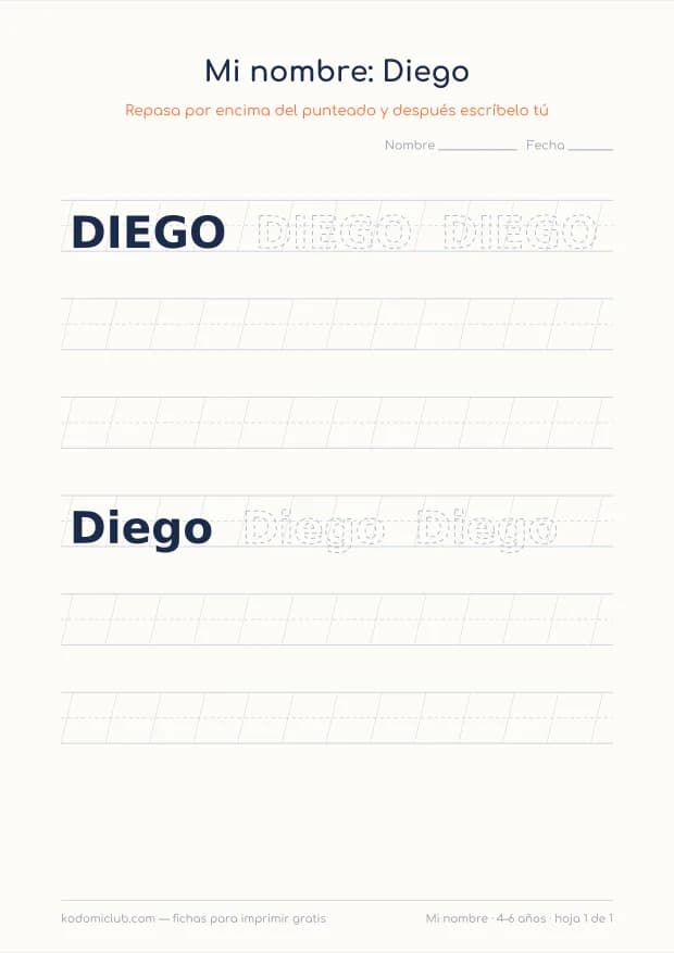 Ficha del nombre Diego, hoja 1