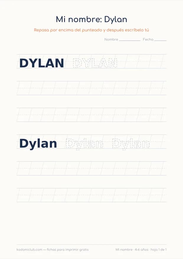 Ficha del nombre Dylan, hoja 1
