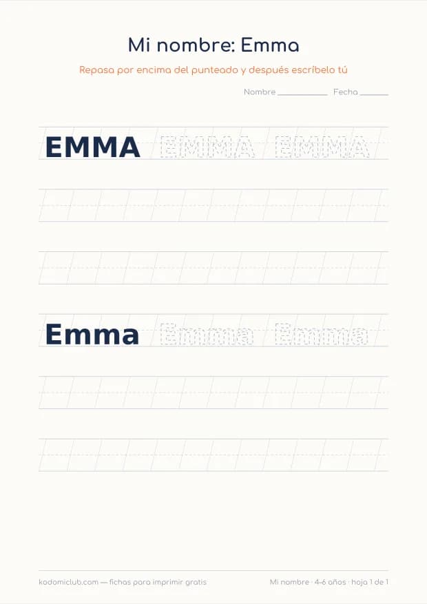 Ficha del nombre Emma, hoja 1