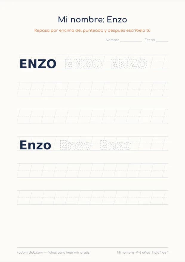 Ficha del nombre Enzo, hoja 1