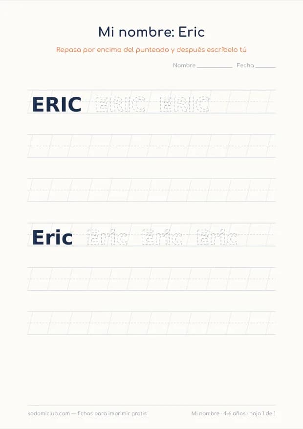 Ficha del nombre Eric, hoja 1