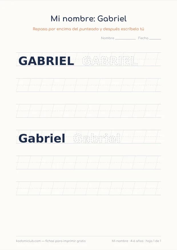 Ficha del nombre Gabriel, hoja 1
