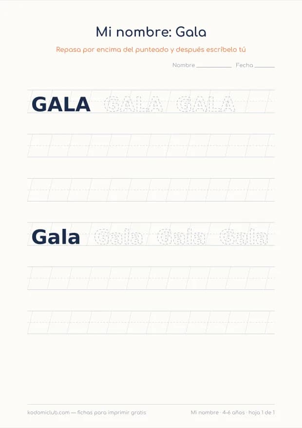 Ficha del nombre Gala, hoja 1