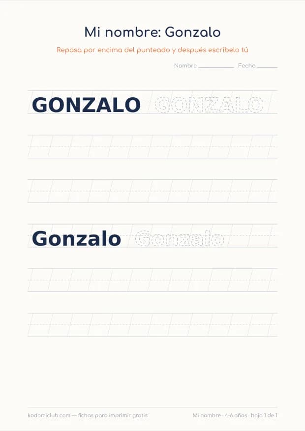 Ficha del nombre Gonzalo, hoja 1