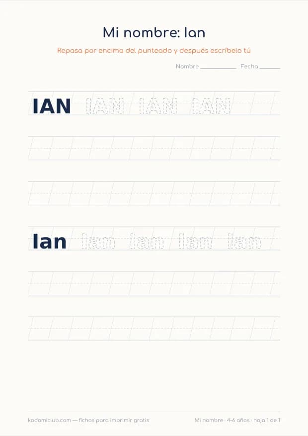 Ficha del nombre Ian, hoja 1