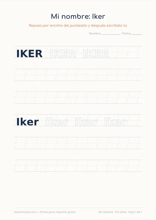 Ficha del nombre Iker, hoja 1