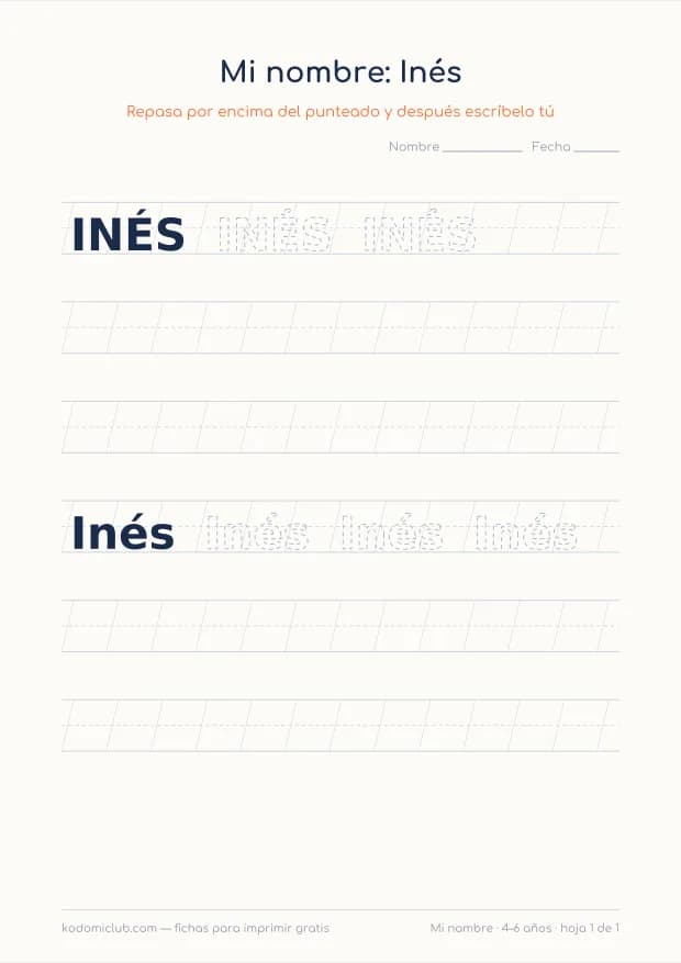 Ficha del nombre Inés, hoja 1