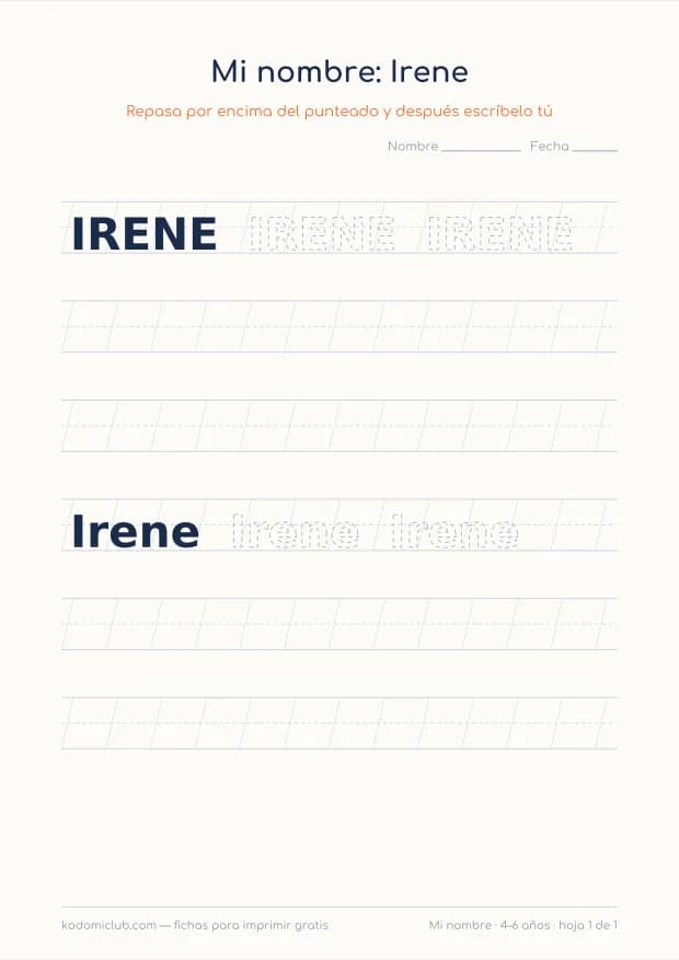 Ficha del nombre Irene, hoja 1